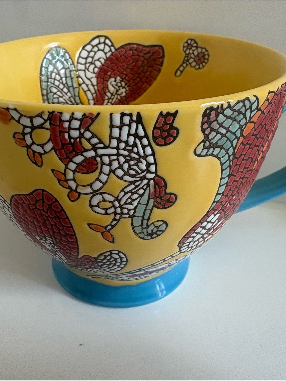 Yellow Mosaic Floral Ceramic Mug with Blue Base